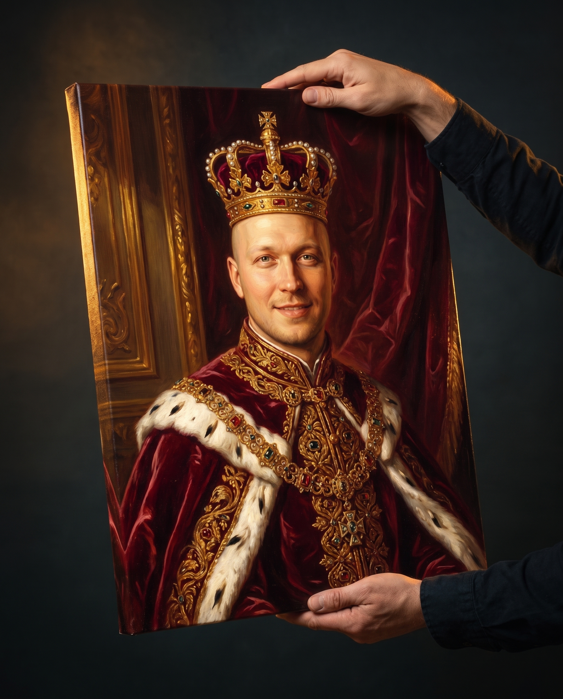Hands holding a finished Royal Portrait canvas against a dark background